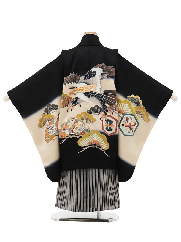七五三(5歳男袴)X724【高級正絹】黒地 松に吉祥文様 鷹×黒縞