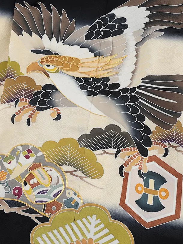 七五三(5歳男袴)X724【高級正絹】黒地 松に吉祥文様 鷹×黒縞