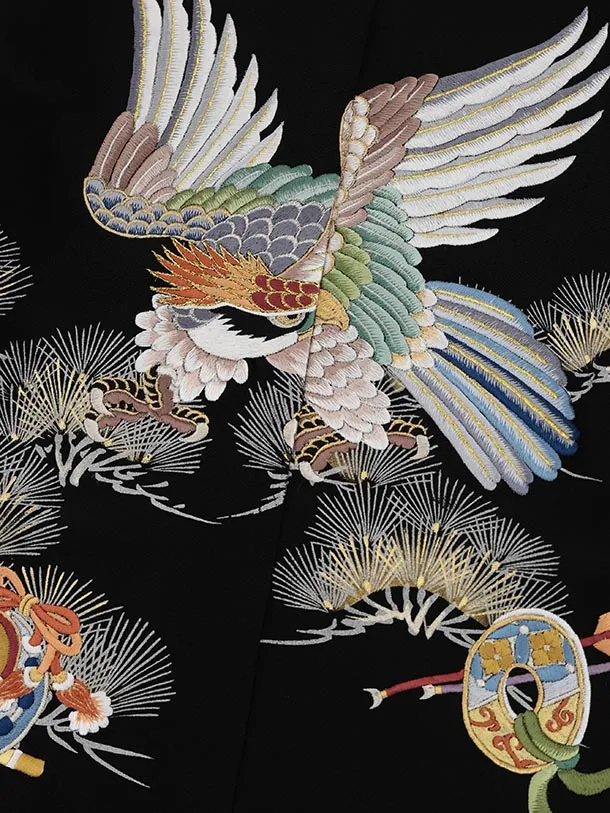 七五三(5歳男袴)X734【正絹】黒地 刺繍 松鷹×黒縞