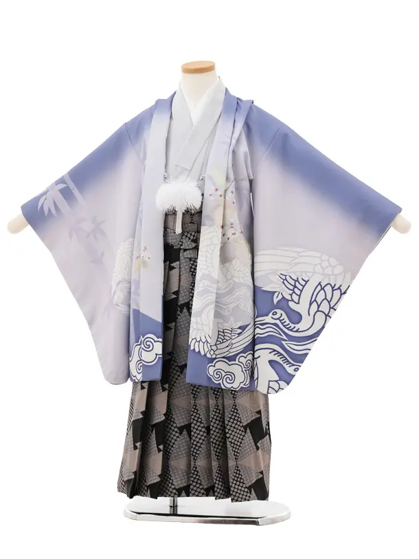 かんたん七五三(5歳男袴)X735 パープルぼかし 鶴文×黒グレー