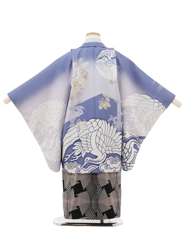 かんたん七五三(5歳男袴)X735 パープルぼかし 鶴文×黒グレー