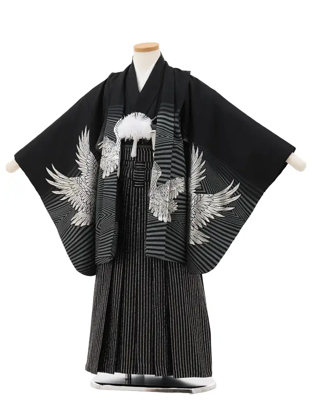 かんたん七五三(5歳男袴)X744 黒シルバーゴールド鷹×黒シルバー縞