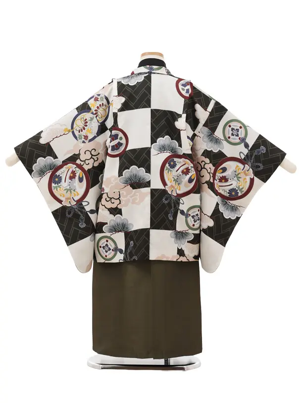 かんたん七五三(5歳男袴)X749 グリーン市松丸紋×モスグリーン