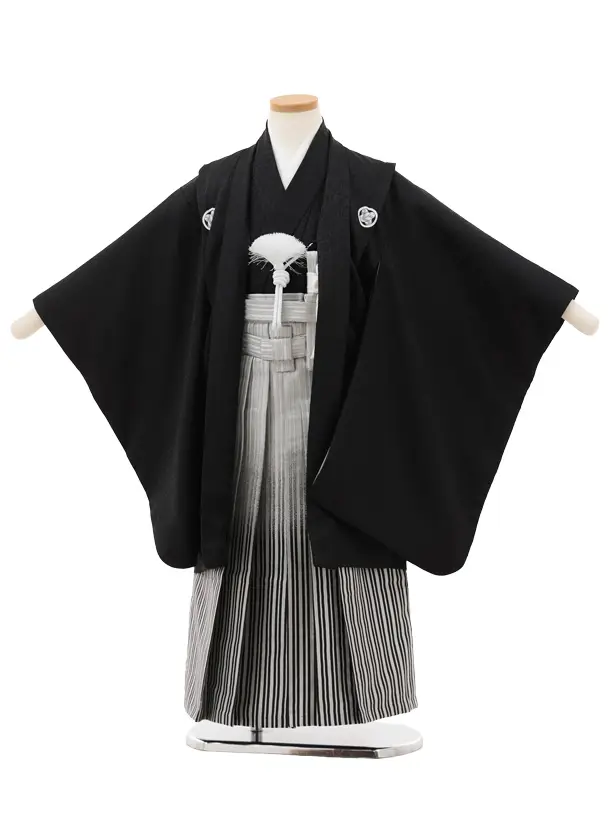 かんたん七五三(5歳男袴)X756 黒紋付×シルバーぼかし縞