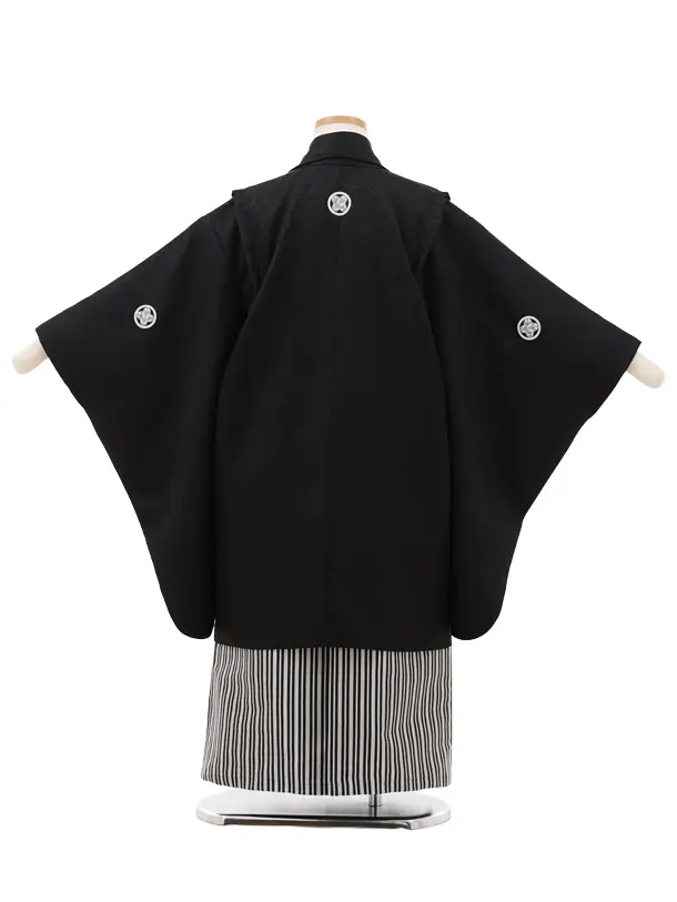 かんたん七五三(5歳男袴)X756 黒紋付×シルバーぼかし縞