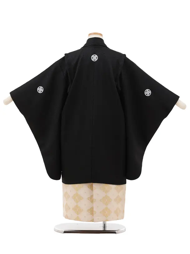 かんたん七五三(5歳男袴)X763 黒紋付×ベージュゴールド菱