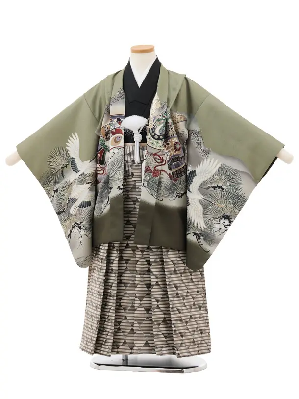 かんたん七五三(5歳男袴)X767 グリーン鷹に虎×ベージュ黒