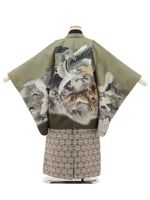 かんたん七五三(5歳男袴)X767 グリーン鷹に虎×ベージュ黒