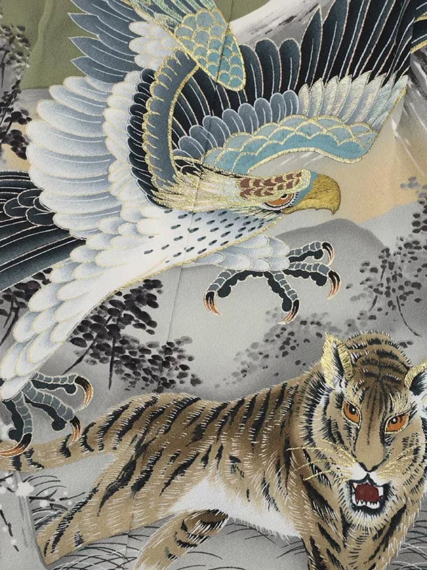 かんたん七五三(5歳男袴)X767 グリーン鷹に虎×ベージュ黒