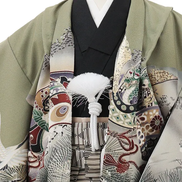 かんたん七五三(5歳男袴)X767 グリーン鷹に虎×ベージュ黒