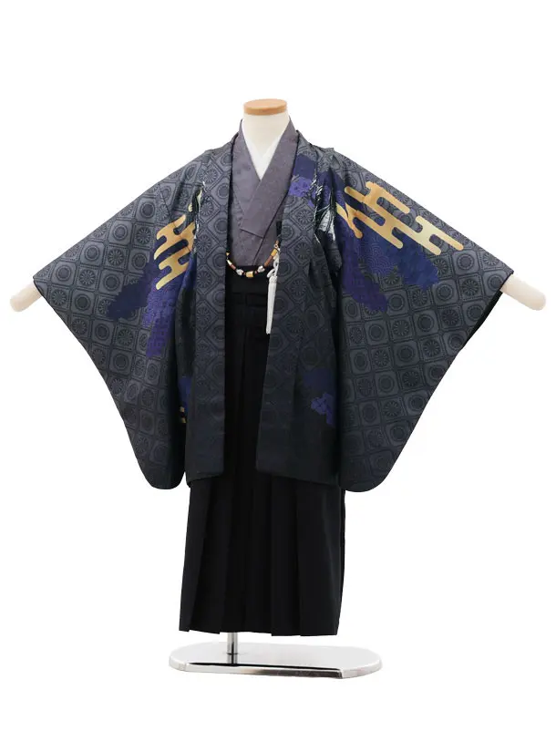 かんたん七五三(5歳男袴)X770 グレー雲霞にドラゴン×黒