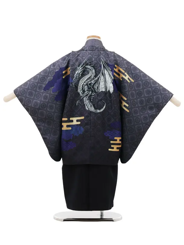 かんたん七五三(5歳男袴)X770 グレー雲霞にドラゴン×黒