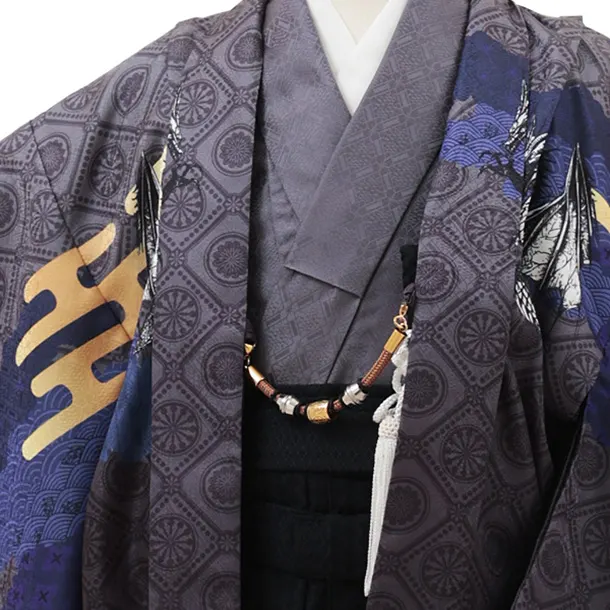 かんたん七五三(5歳男袴)X770 グレー雲霞にドラゴン×黒