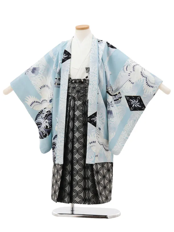 かんたん七五三(5歳男袴)X778 JAPANSTYLE 水色鷹に乱菊縞×グレー