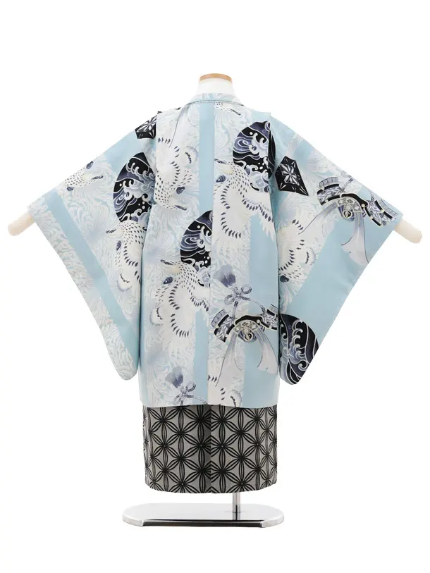 かんたん七五三(5歳男袴)X778 JAPANSTYLE 水色鷹に乱菊縞×グレー
