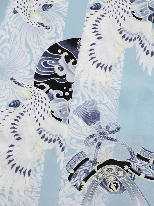 かんたん七五三(5歳男袴)X778 JAPANSTYLE 水色鷹に乱菊縞×グレー