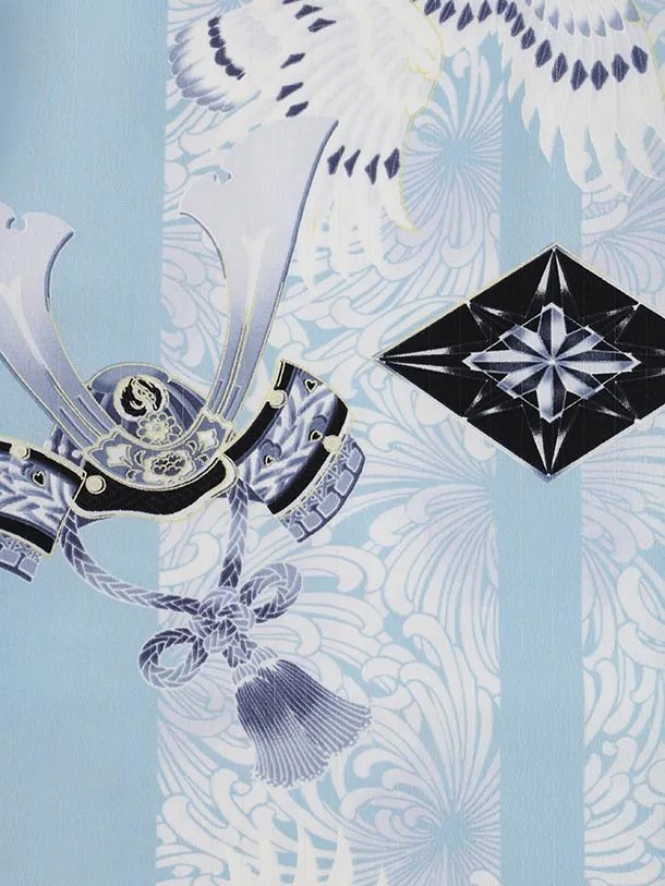 かんたん七五三(5歳男袴)X778 JAPANSTYLE 水色鷹に乱菊縞×グレー