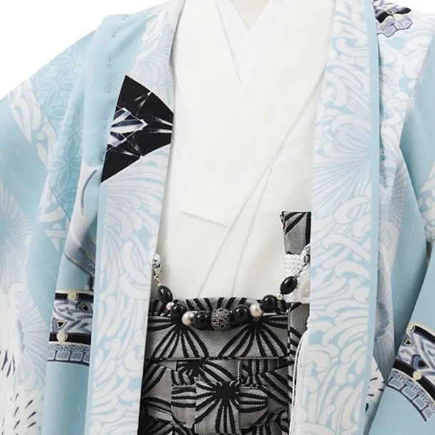 かんたん七五三(5歳男袴)X778 JAPANSTYLE 水色鷹に乱菊縞×グレー