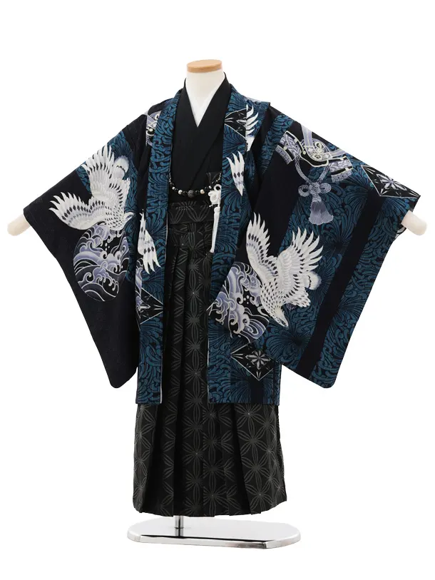 かんたん七五三(5歳男袴)X779 JAPANSTYLE 紺地鷹に乱菊縞×黒