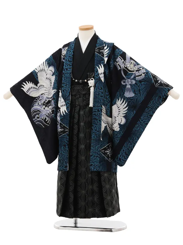 かんたん七五三(5歳男袴)X779 JAPANSTYLE 紺地鷹に乱菊縞×黒