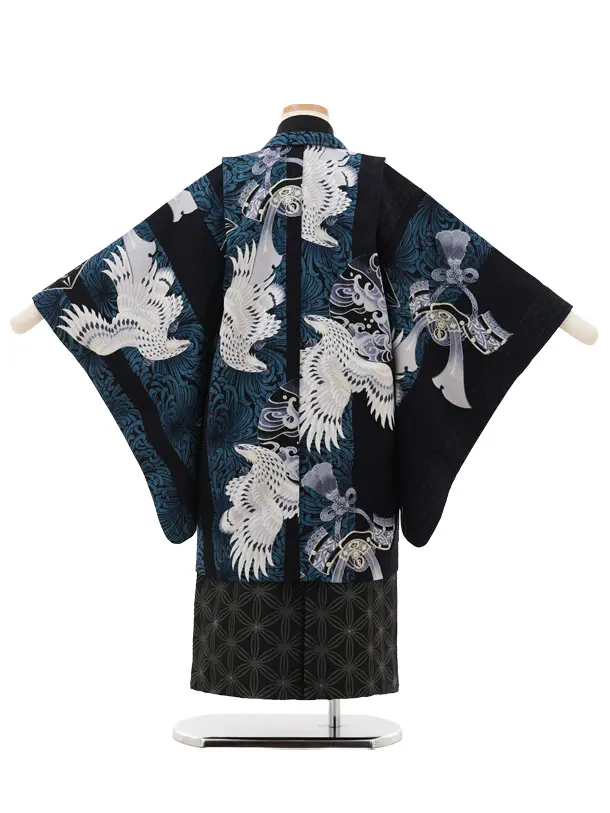 かんたん七五三(5歳男袴)X779 JAPANSTYLE 紺地鷹に乱菊縞×黒