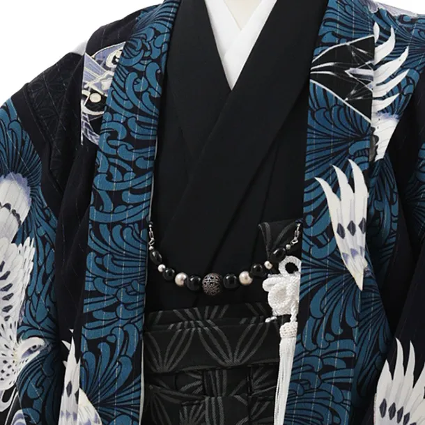 かんたん七五三(5歳男袴)X779 JAPANSTYLE 紺地鷹に乱菊縞×黒