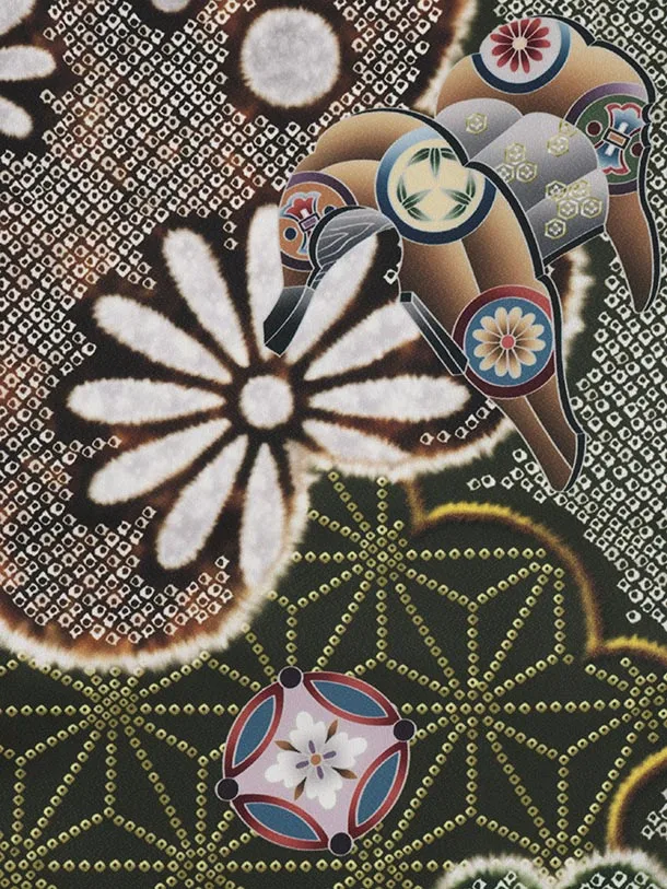 かんたん七五三(5歳男袴)X783 グリーン疋田柄 吉祥文様鷹×クリームベージュ