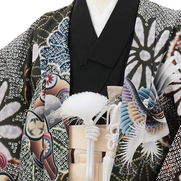 かんたん七五三(5歳男袴)X783 グリーン疋田柄 吉祥文様鷹×クリームベージュ