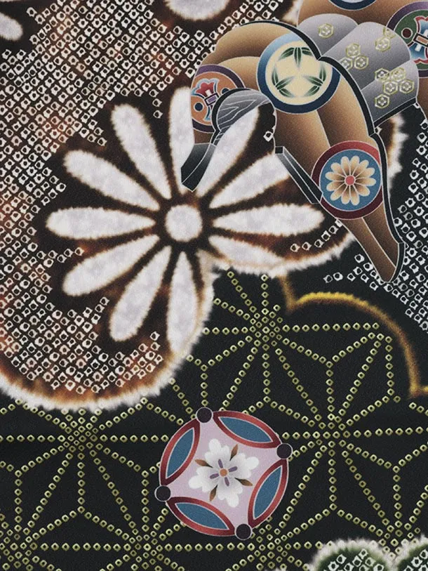 かんたん七五三(5歳男袴)X784 黒疋田柄 吉祥文様鷹×抹茶グリーン