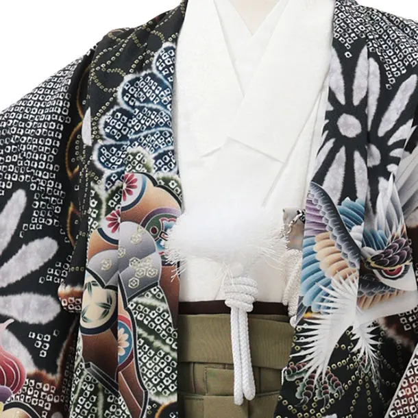 かんたん七五三(5歳男袴)X784 黒疋田柄 吉祥文様鷹×抹茶グリーン