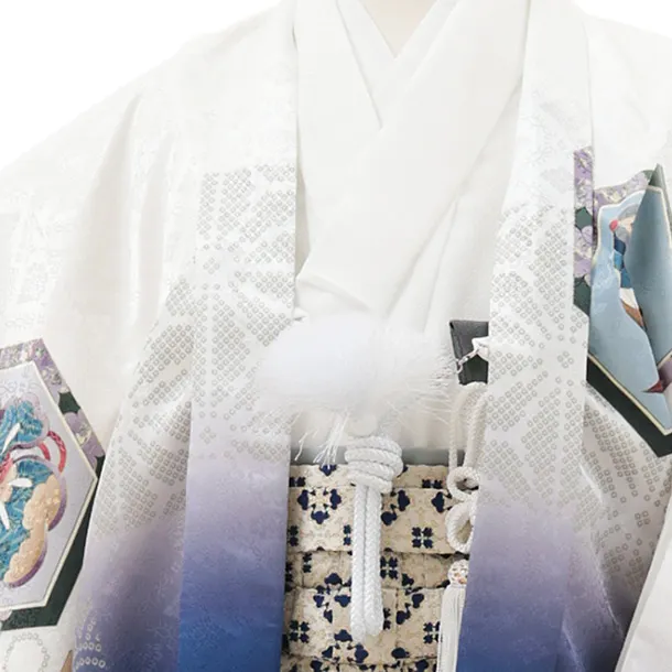 かんたん七五三(5歳男袴)X785 白ブルーぼかし 亀甲紋に兜×ベージュ