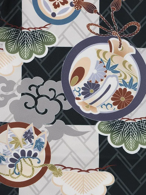 かんたん七五三(5歳男袴)X788 黒市松 松丸紋×クリームベージュ