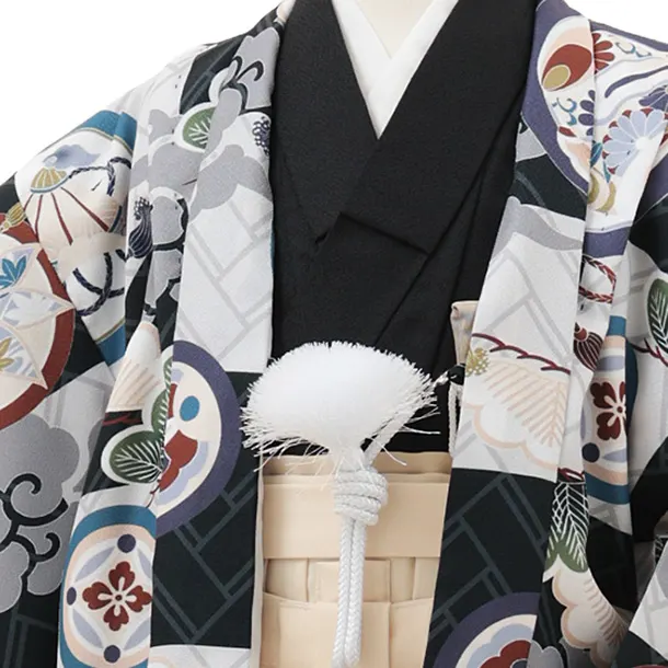 かんたん七五三(5歳男袴)X788 黒市松 松丸紋×クリームベージュ