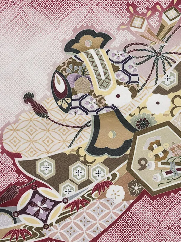 かんたん5歳袴 X789  ボルドー疋田柄 吉祥文様に龍×クリームベージュ