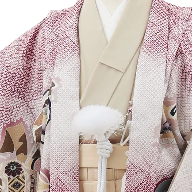 かんたん5歳袴 X789  ボルドー疋田柄 吉祥文様に龍×クリームベージュ