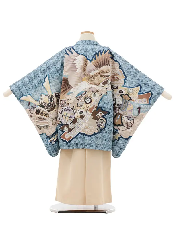 かんたん5歳袴 X790  ブルー疋田柄 吉祥文様に鷹×クリームベージュ