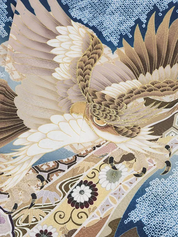 かんたん5歳袴 X790  ブルー疋田柄 吉祥文様に鷹×クリームベージュ