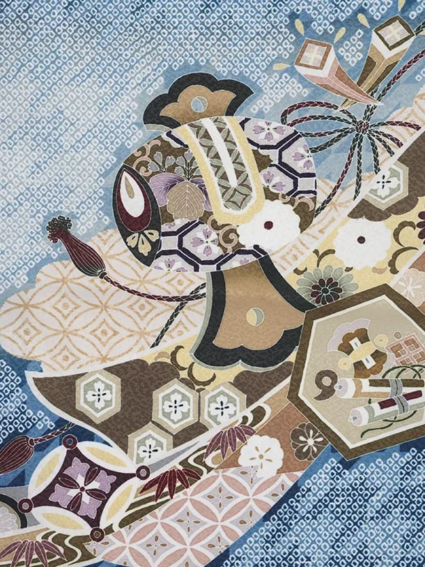 かんたん5歳袴 X790  ブルー疋田柄 吉祥文様に鷹×クリームベージュ