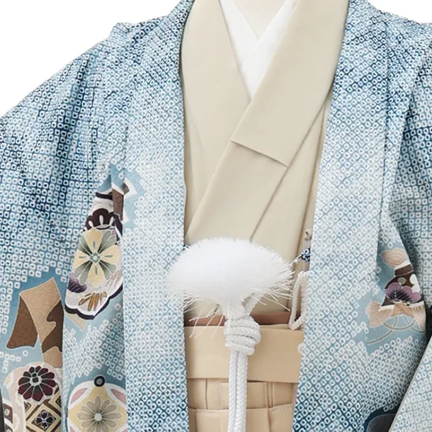 かんたん5歳袴 X790  ブルー疋田柄 吉祥文様に鷹×クリームベージュ