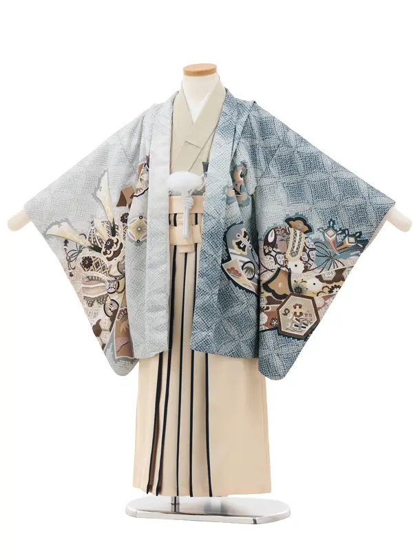 かんたん5歳袴 X791  ブルー疋田柄 片身替り 吉祥文様に龍×ベージュ