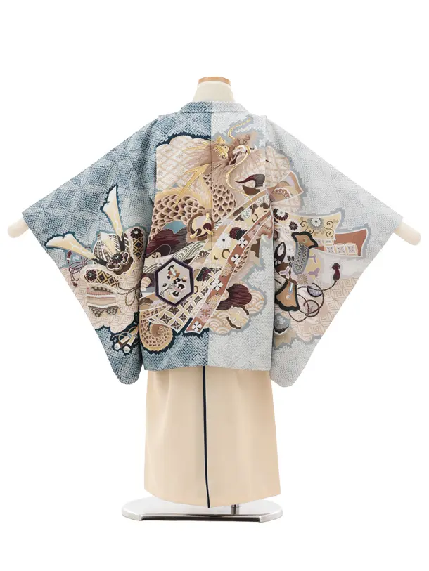 かんたん5歳袴 X791  ブルー疋田柄 片身替り 吉祥文様に龍×ベージュ