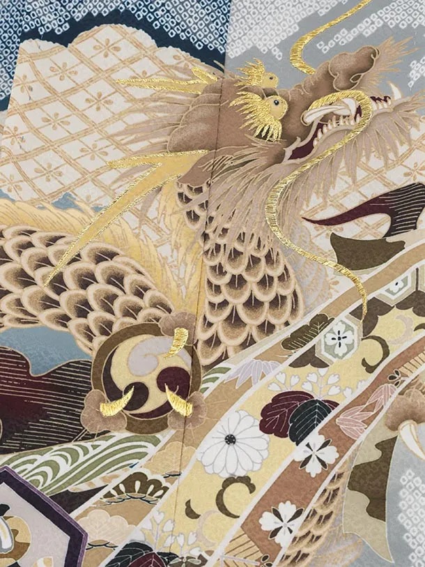 かんたん5歳袴 X791  ブルー疋田柄 片身替り 吉祥文様に龍×ベージュ