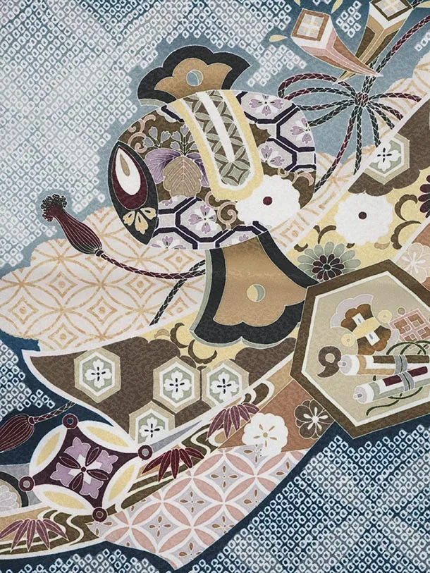 かんたん5歳袴 X791  ブルー疋田柄 片身替り 吉祥文様に龍×ベージュ