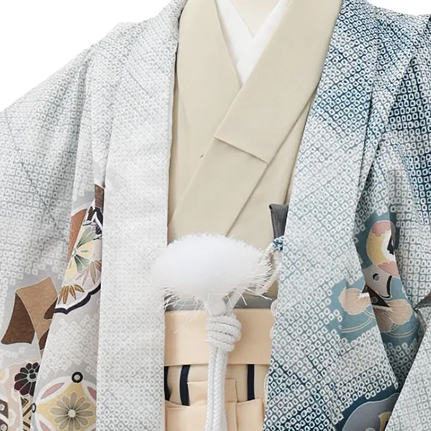 かんたん5歳袴 X791  ブルー疋田柄 片身替り 吉祥文様に龍×ベージュ