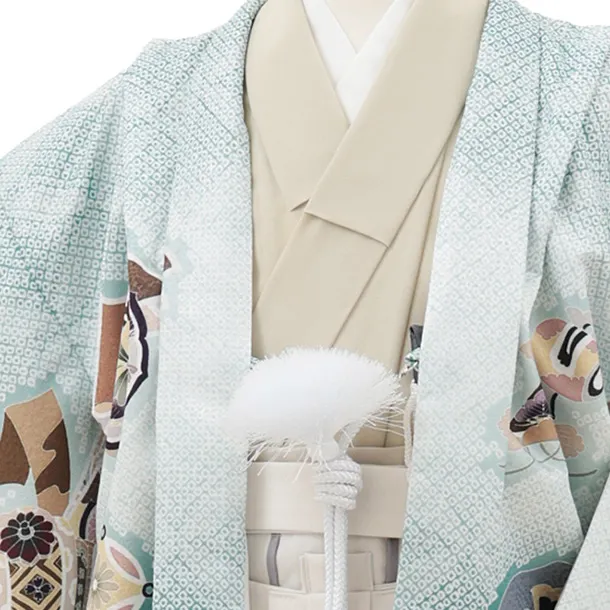 かんたん七五三(5歳男袴)X792  ミント疋田柄 吉祥文様に龍×アイボリー