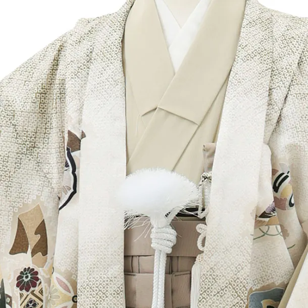 かんたん5歳袴 X793  抹茶グリーン疋田柄 吉祥文様に鷹×モカベージュ