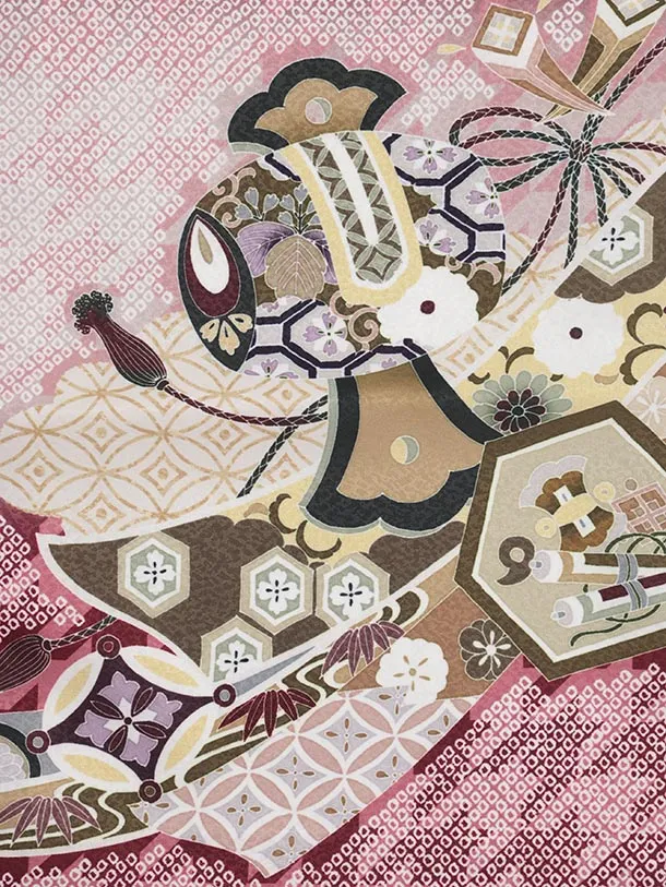 かんたん5歳袴 X794  赤×緑 疋田柄 片身替り 吉祥文様に鷹×ボルドー