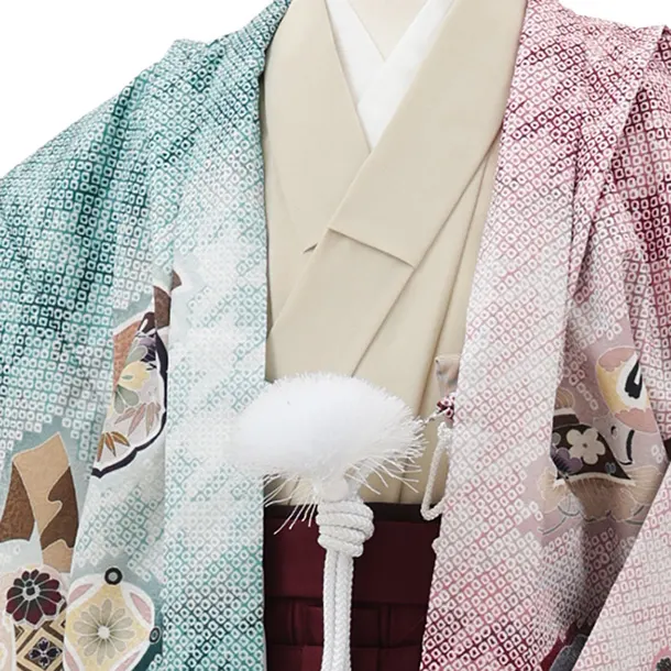 かんたん5歳袴 X794  赤×緑 疋田柄 片身替り 吉祥文様に鷹×ボルドー