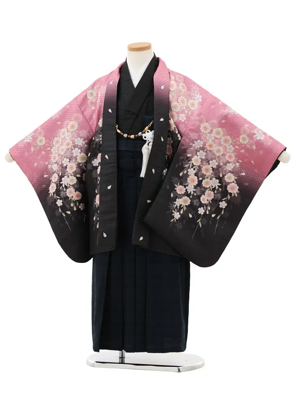 かんたん七五三(5歳男袴)X795 ピンク黒ぼかし桜×ネイビーチェック