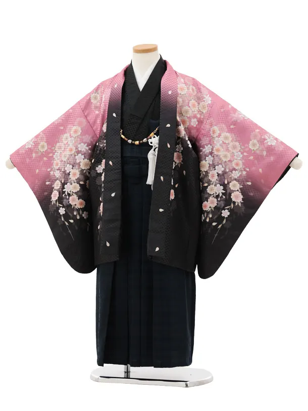 かんたん七五三(5歳男袴)X795 ピンク黒ぼかし桜×ネイビーチェック